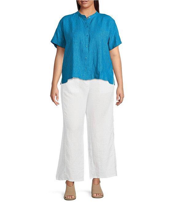 Eileen Fisher Plus Washed Organic Linen Mandarin Collar Short Sleeve Button Front Top Product Image