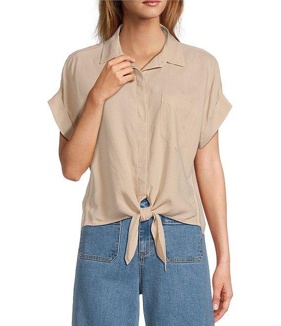 Cloth & Stone Woven Trimmed Short Roll Cuff Sleeve Point Collar Button Tie Front Top Product Image