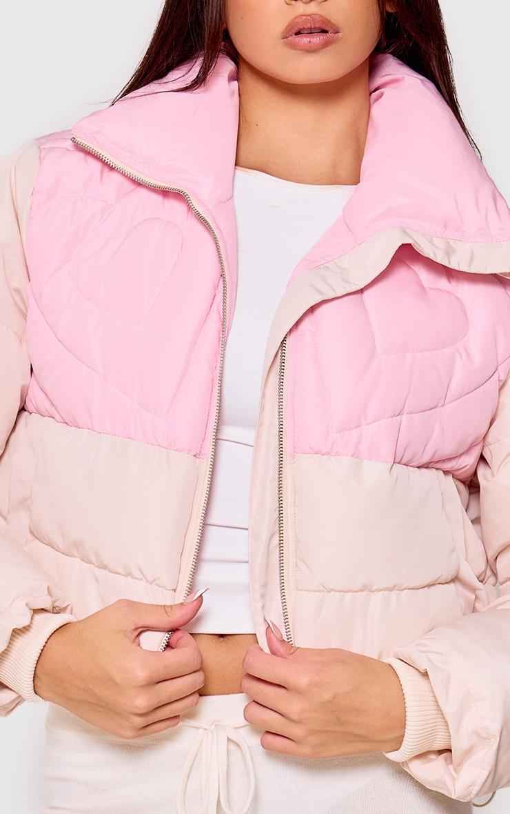 Pink Heart Detail Color Block Puffer Coat Product Image