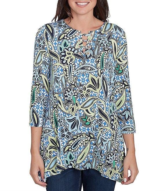Ruby Rd. Petite Size Balinese Ikat Print Knit Crew Neck Lace Up Front Placket 3/4 Sleeve Top Product Image