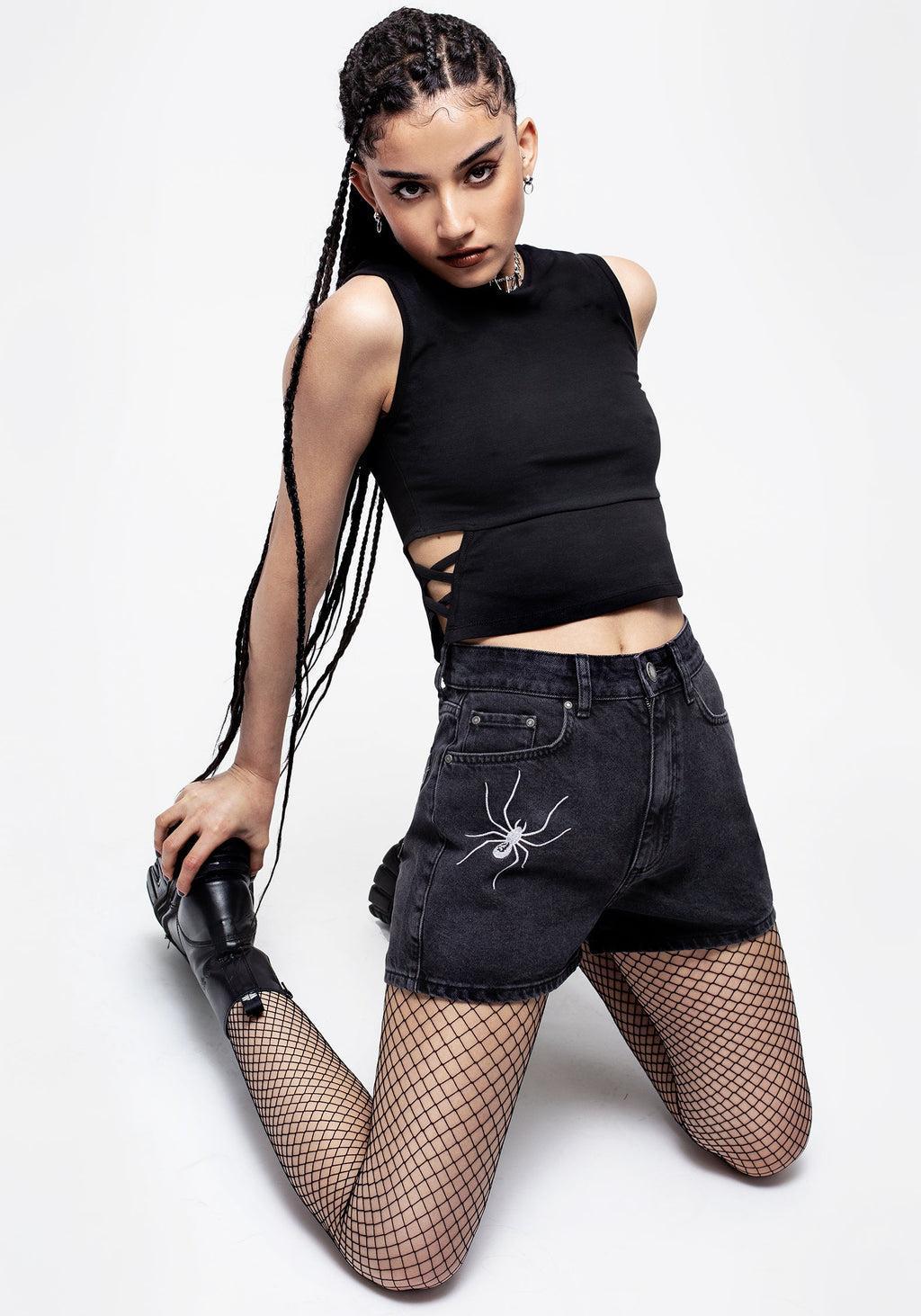 Widow Embroidered Denim Mom Short Product Image