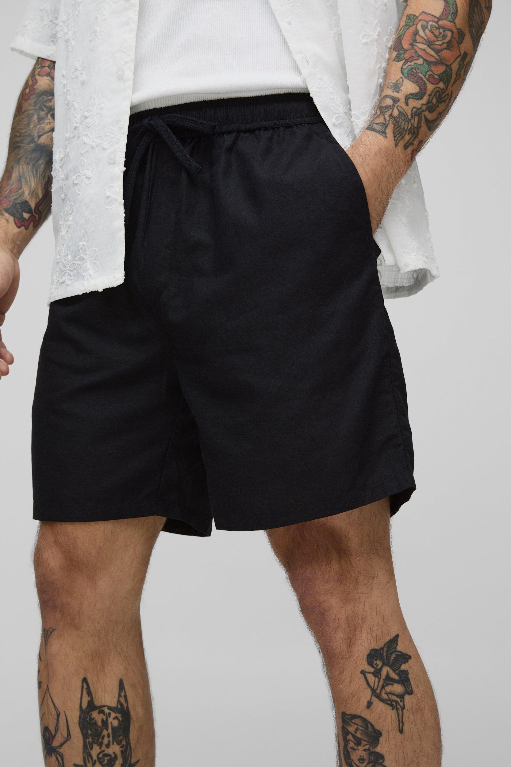 Elasticated Waist Relaxed Fit Mid Length Linen Blend Short | boohooMAN USA Product Image