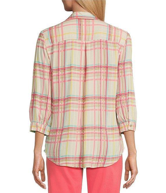 Allison Daley Coral Plaid Print 3/4 Sleeve Point Collar Button Front Shirt Product Image