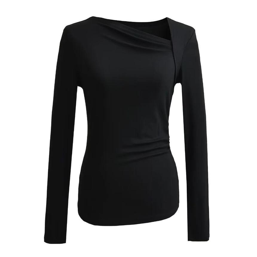 Long Sleeve V-Neck Plain Ruched Top Product Image