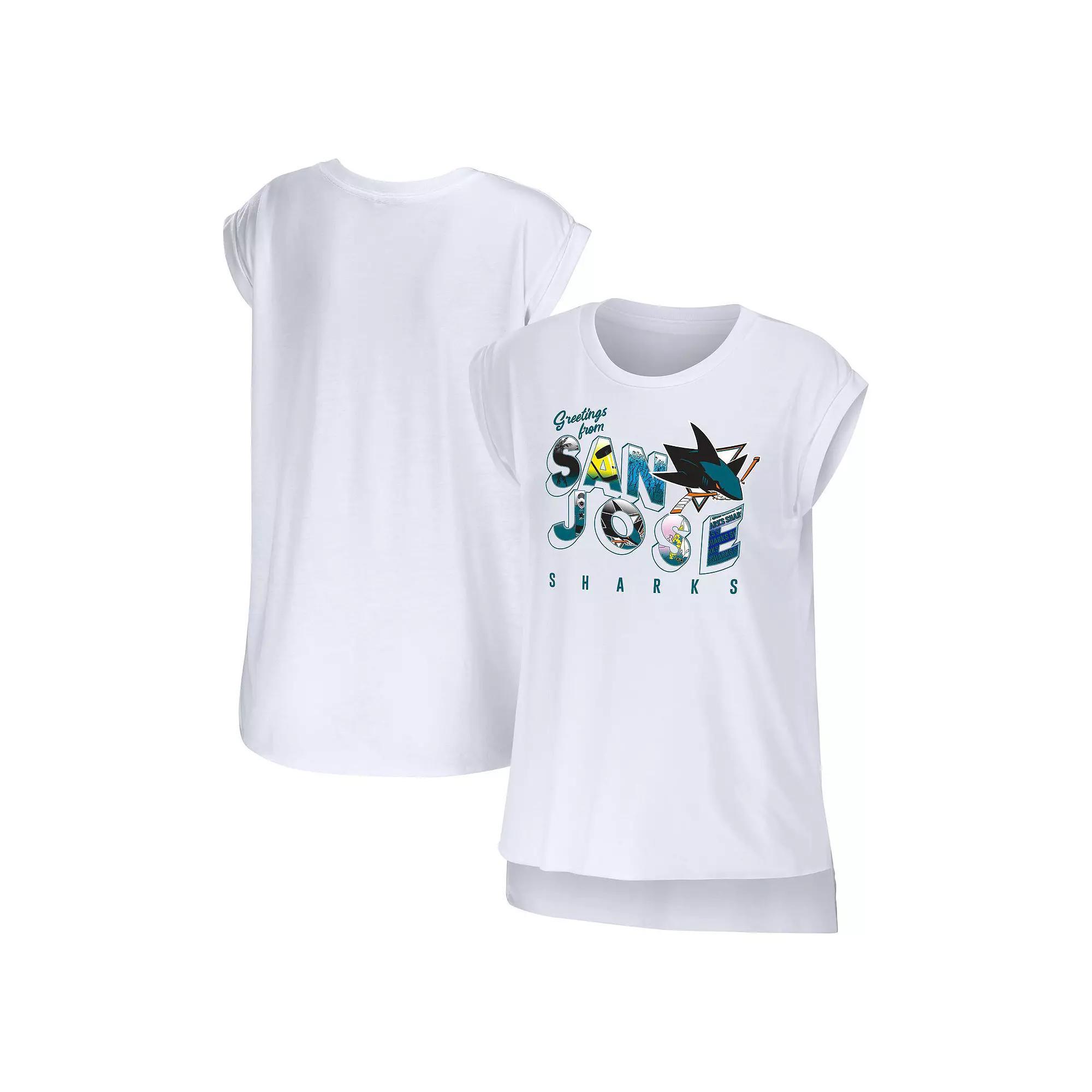 Women's WEAR by Erin Andrews White San Jose Sharks Greetings From Muscle T-Shirt,  Product Image