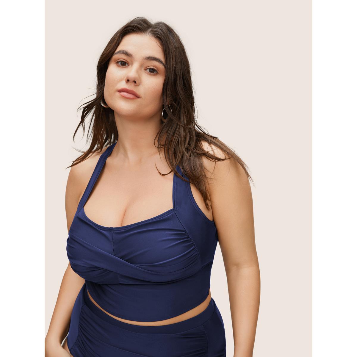 Plus Size Solid Crossover Square Neck Adjustable Straps Swim Top Women's Swimwear Indigo Resort Twist High stretch Skinny Square Neck Curve Swim Tops BloomChic 30/6X Product Image