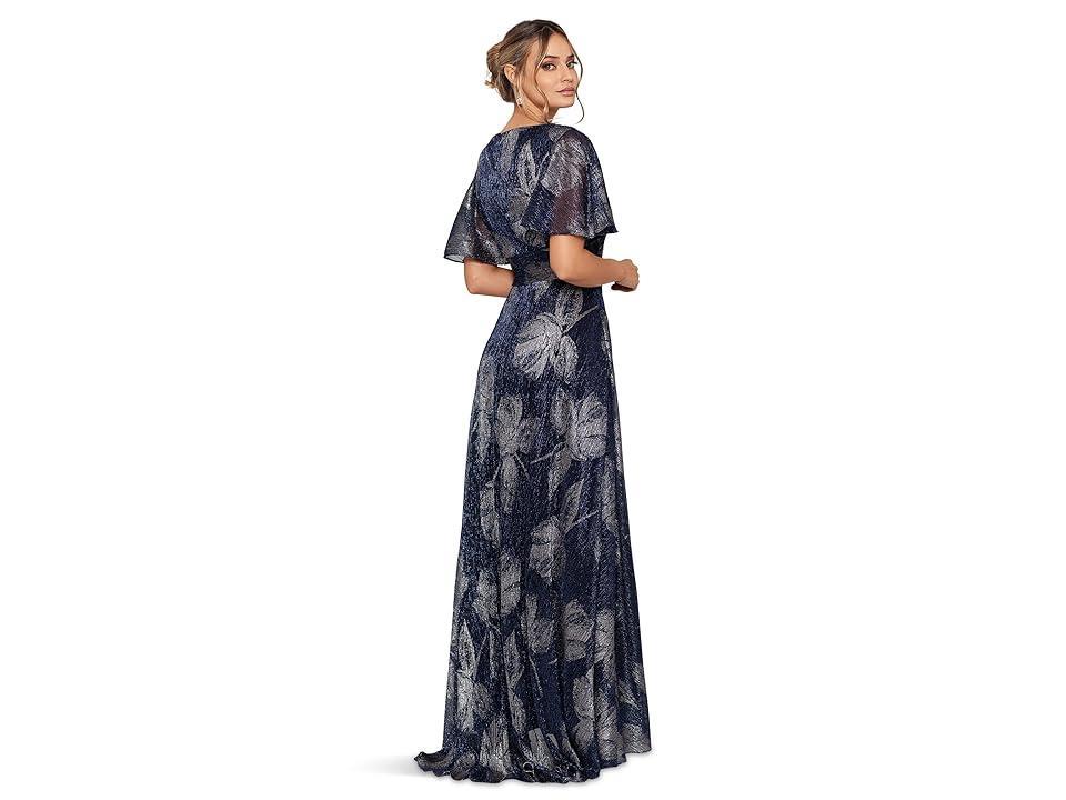 Betsy & Adam Long Flutter Sleeve Foil Print Gown (Navy/Gunmetal) Women's Clothing Product Image