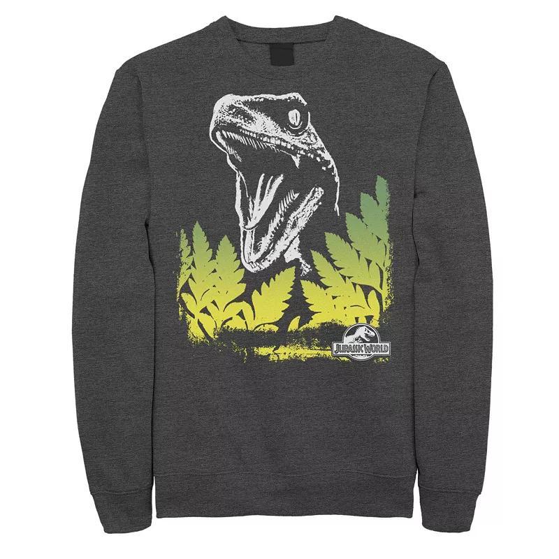 Mens Jurassic World Raptor Roaring Behind Bushes Fleece Pullover Grey Heather Product Image