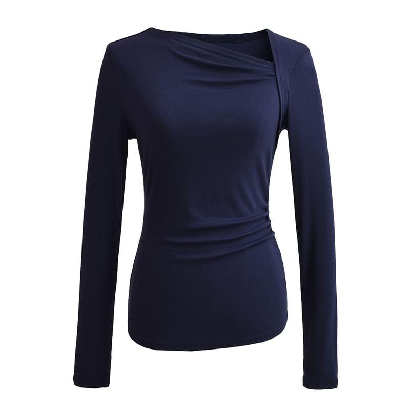 Long Sleeve V-Neck Plain Ruched Top Product Image