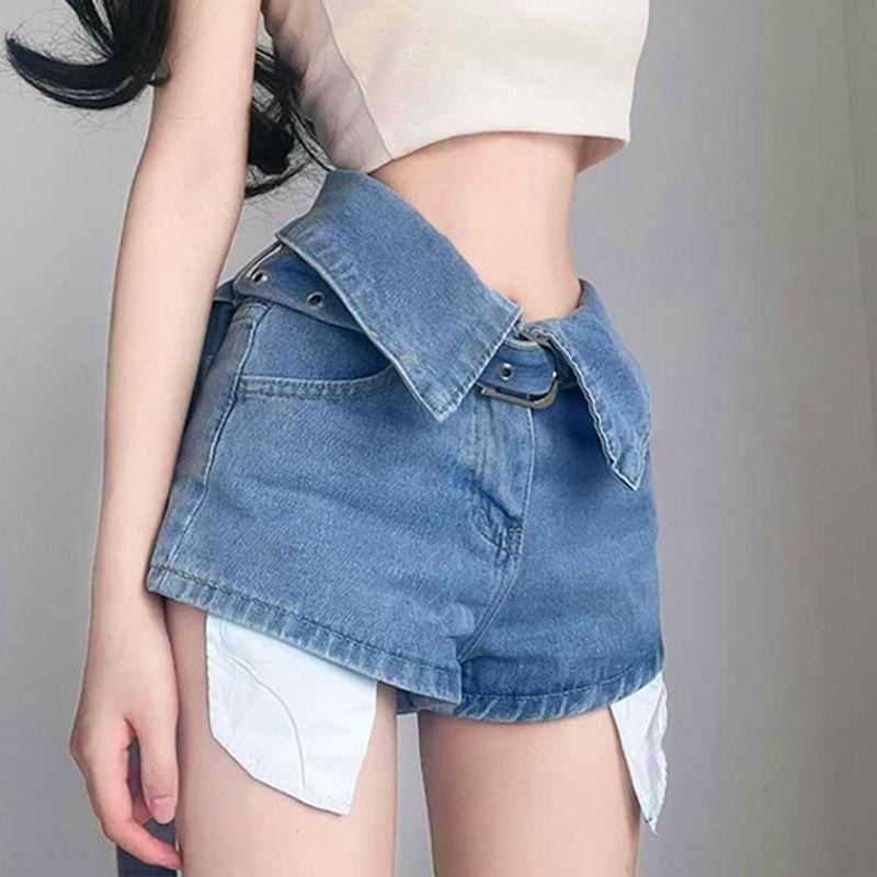 High Waist Belted Plain Denim Shorts Product Image