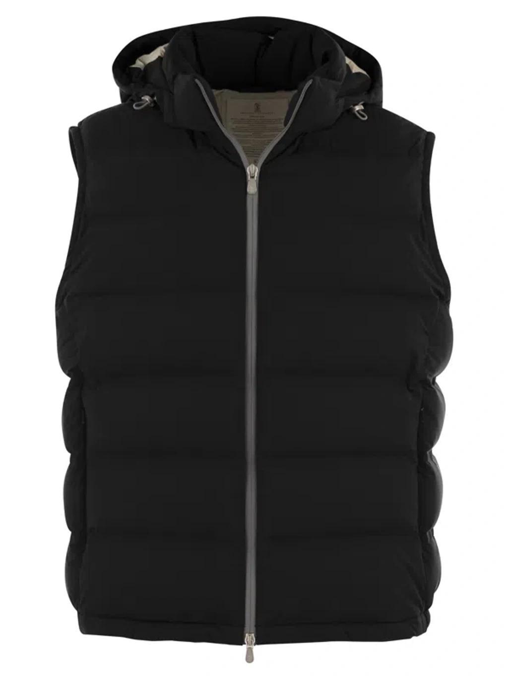 BRUNELLO CUCINELLI Sleeveless Down Jacket In Membraned Taffeta With Heat Tapes And Detachable Hood In Black Product Image