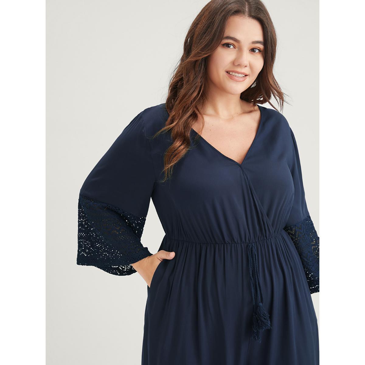 Plus Size Navy Solid Bell Sleeve Pocket Tie Contrast Lace Wrap Jumpsuit Women Elegant Elbow-length sleeve V-neck Dailywear Loose Jumpsuits BloomChic 10/M Product Image