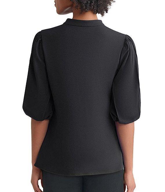 Ming Wang Stretch Crepe Split V-Neck Elbow Puff Sleeve Blouse Product Image