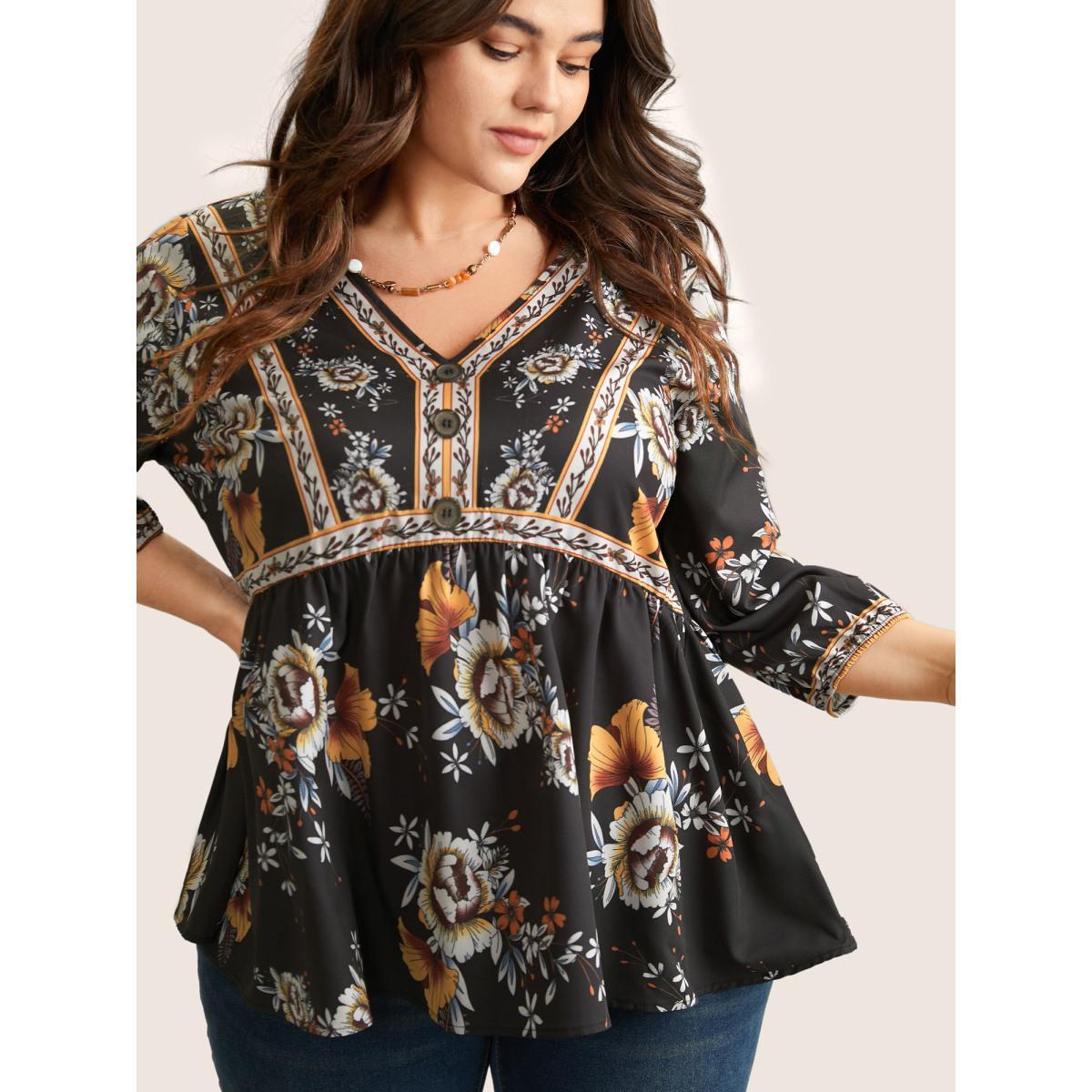 Plus Size Black Boho Print V Neck Button Detail Gathered Blouse Women Vacation Elbow-length sleeve V-neck Vacation Blouses BloomChic 30/6X Product Image