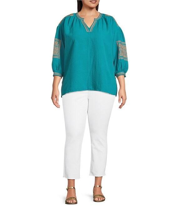 Calessa Plus Size Crinkle Textured Foulard Embroidered Split V-Neck 3/4 Sleeve Tunic Product Image