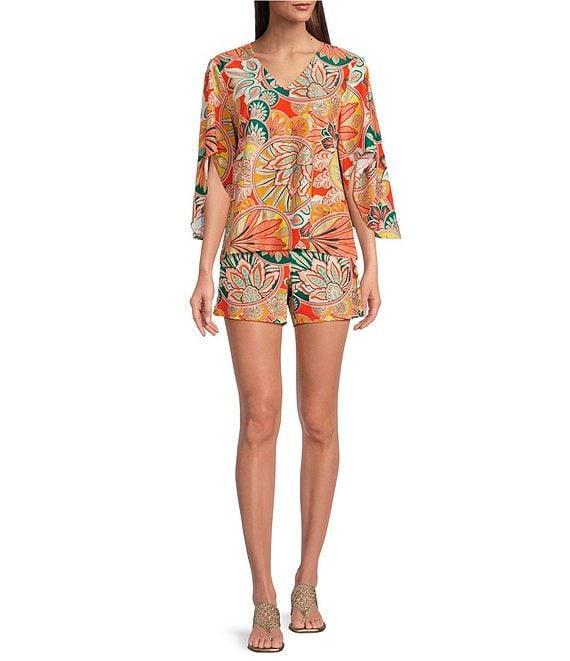 Jude Connally Daniella Stretch Knit Stained Glass Print 3/4 Flutter Sleeve V-Neck Cooridnating Top Product Image