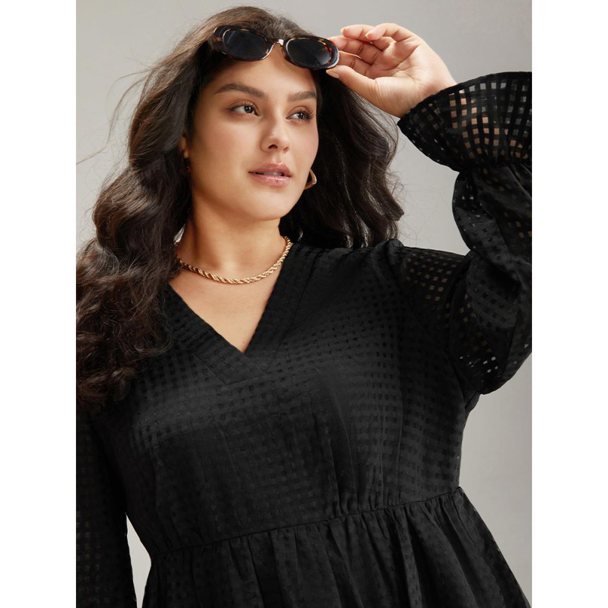Plus Size Solid Pocket Mesh Frill Trim Dress Black Women Elegant See through V-neck Long Sleeve Curvy Midi Dress BloomChic 22-24/3X Product Image
