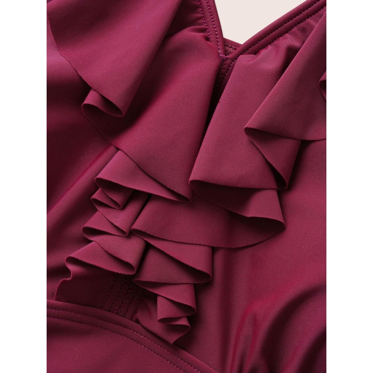 Plus Size Plain Ruffle Trim Gathered Sleeveless One Piece Swimsuit Women's Swimwear RedViolet Beach Gathered Curve Bathing Suits High stretch One Pieces BloomChic 12/L Product Image
