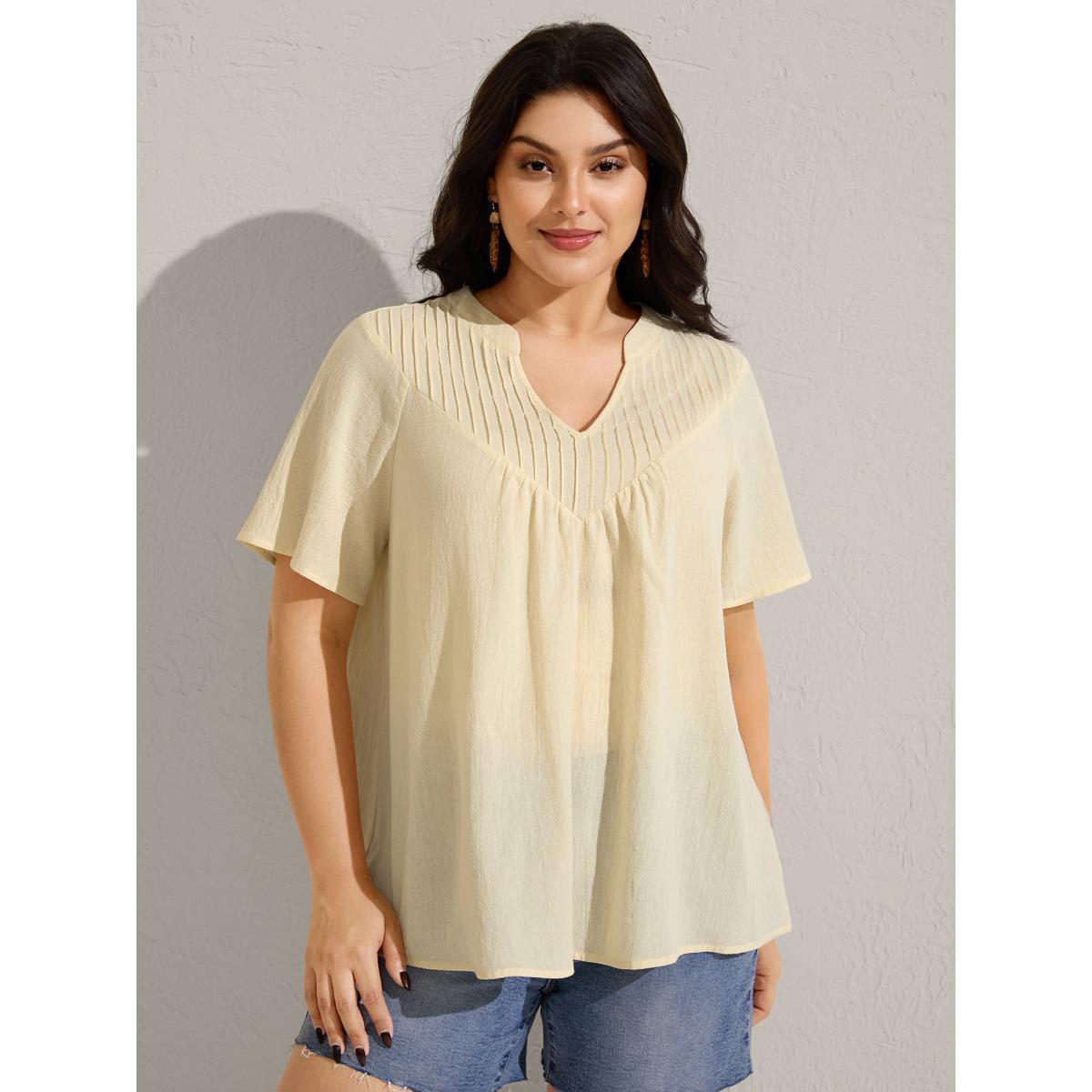 Plus Size Beige Cotton Stripe Neckline Notched Pleated Sheer Blouse Women Short sleeve Flat collar with V-notch Vacation Blouses BloomChic 12/L Product Image