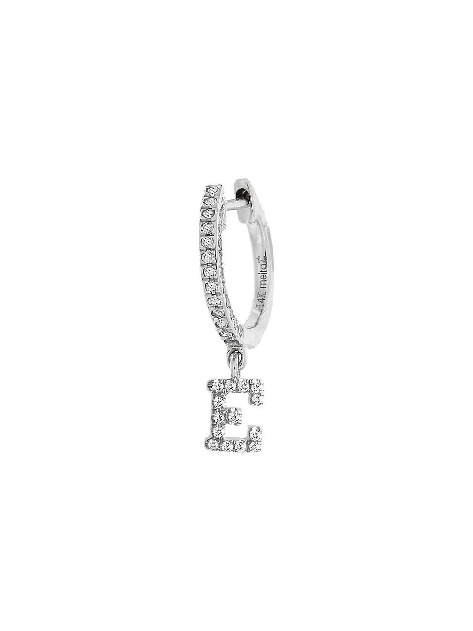 Womens 14K White Gold Diamond Intial Single Huggie Hoop Earring Product Image