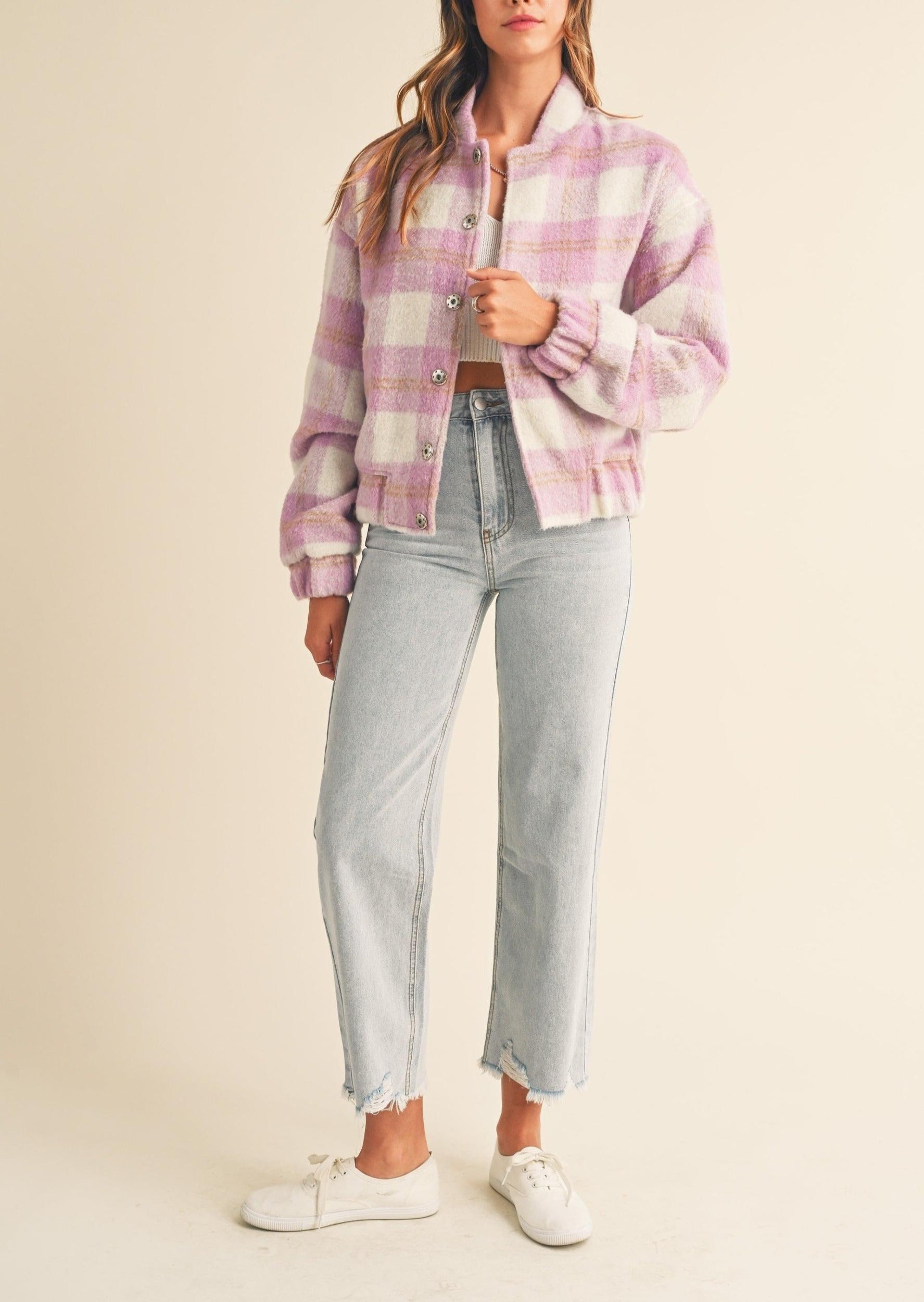 Fuzzy Plaid Bomber Jacket Product Image