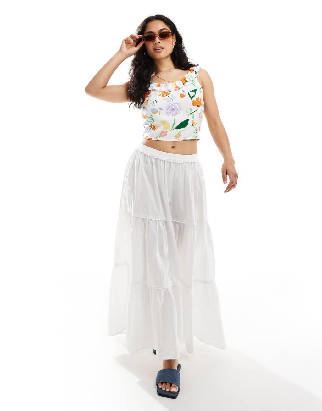 ONLY floral print scoop neck frill top in white  Product Image