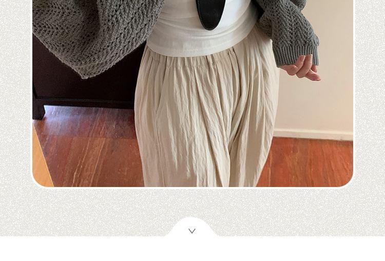 Puff-Sleeve Plain Pointelle Knit Cropped Cardigan Product Image