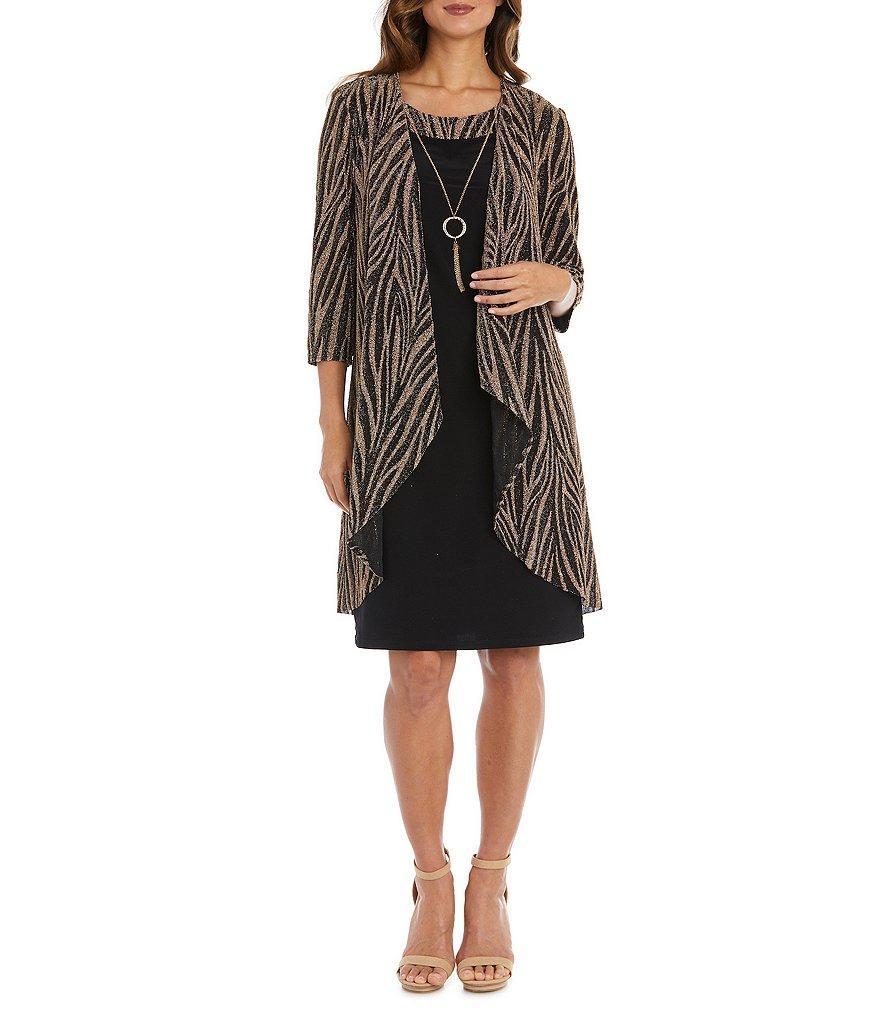 R & M Richards Crew Neck Metallic Jacquard 2-Piece Jacket Dress Product Image