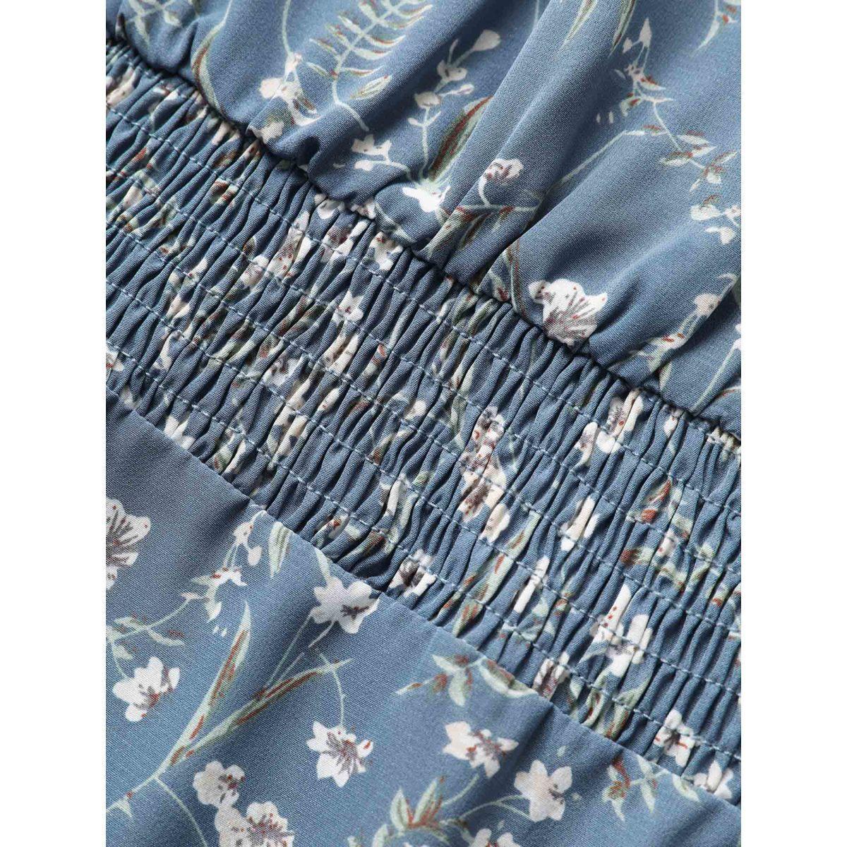 Plus Size Ditsy Floral Pocket Square Neck Shirred Ruffles Dress Stone Women Elegant Non Square Neck Short sleeve Curvy Midi Dress BloomChic 30/6X Product Image