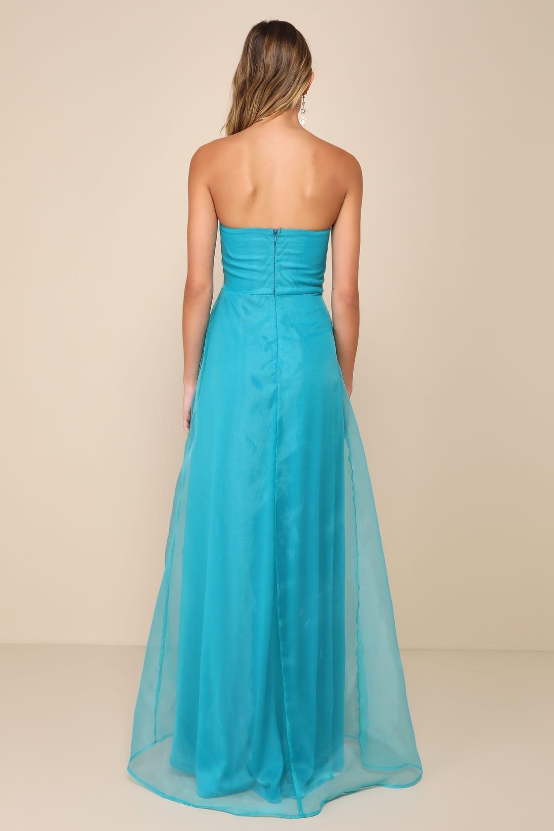 Exquisite Ease Teal Green Organza Strapless Ruffled Maxi Dress Product Image
