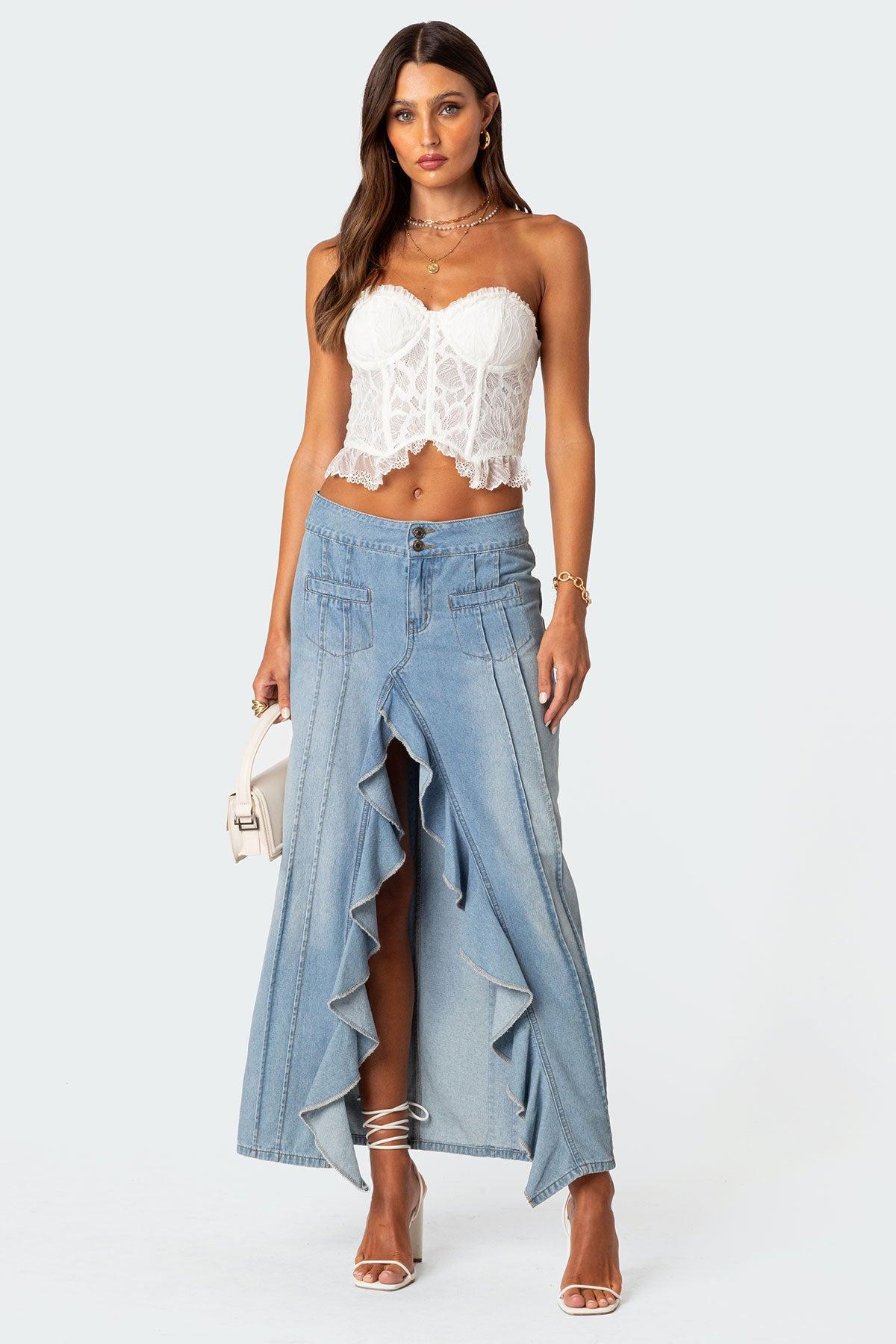 Valencia Ruffle Slitted Denim Maxi Skirt Product Image