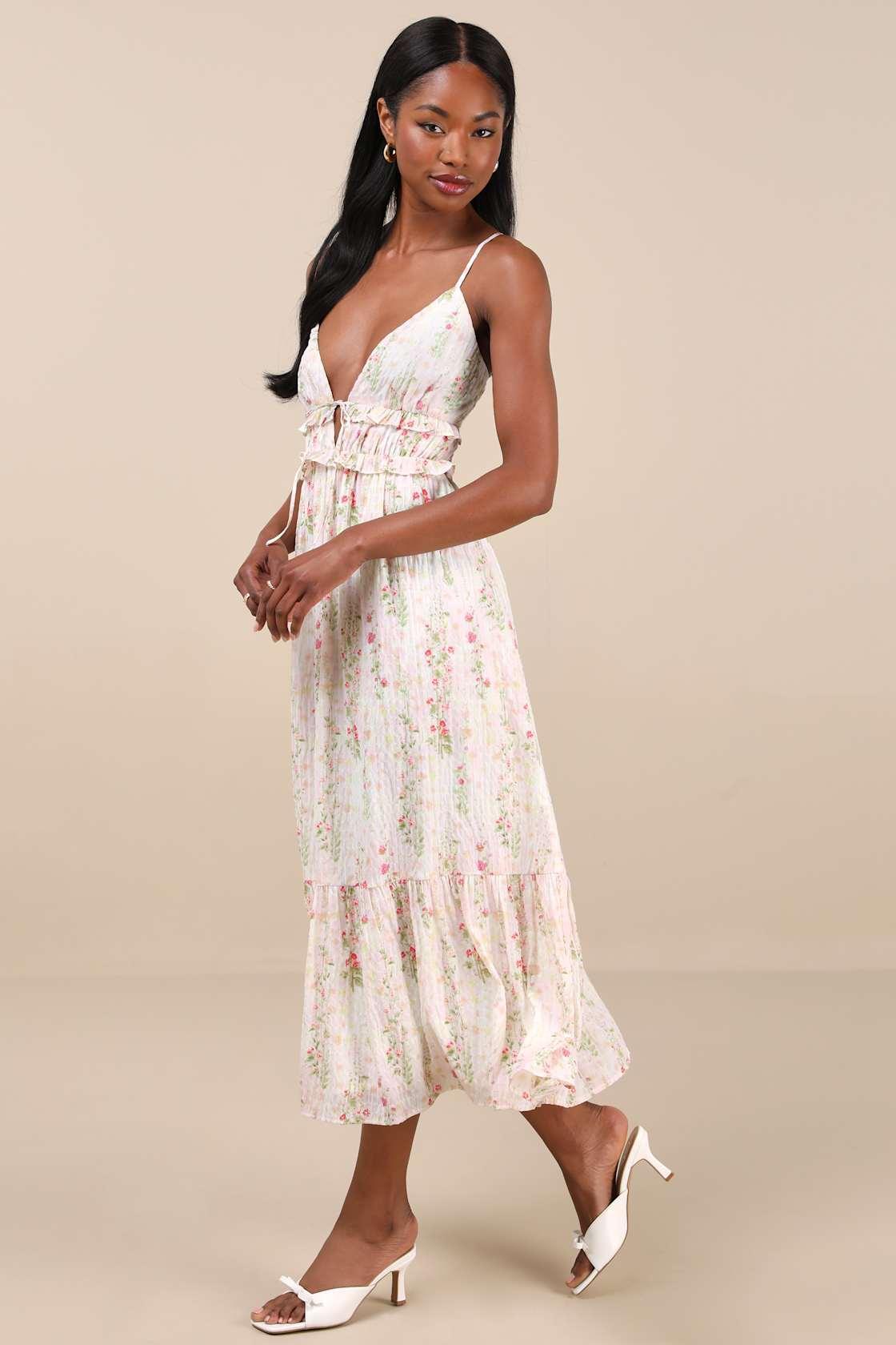 Sandi Ivory Multi Floral Tie-Front Midi Dress Product Image
