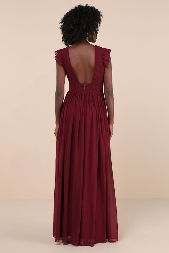 Gorgeous Goal Burgundy Pleated Backless Surplice Maxi Dress Product Image