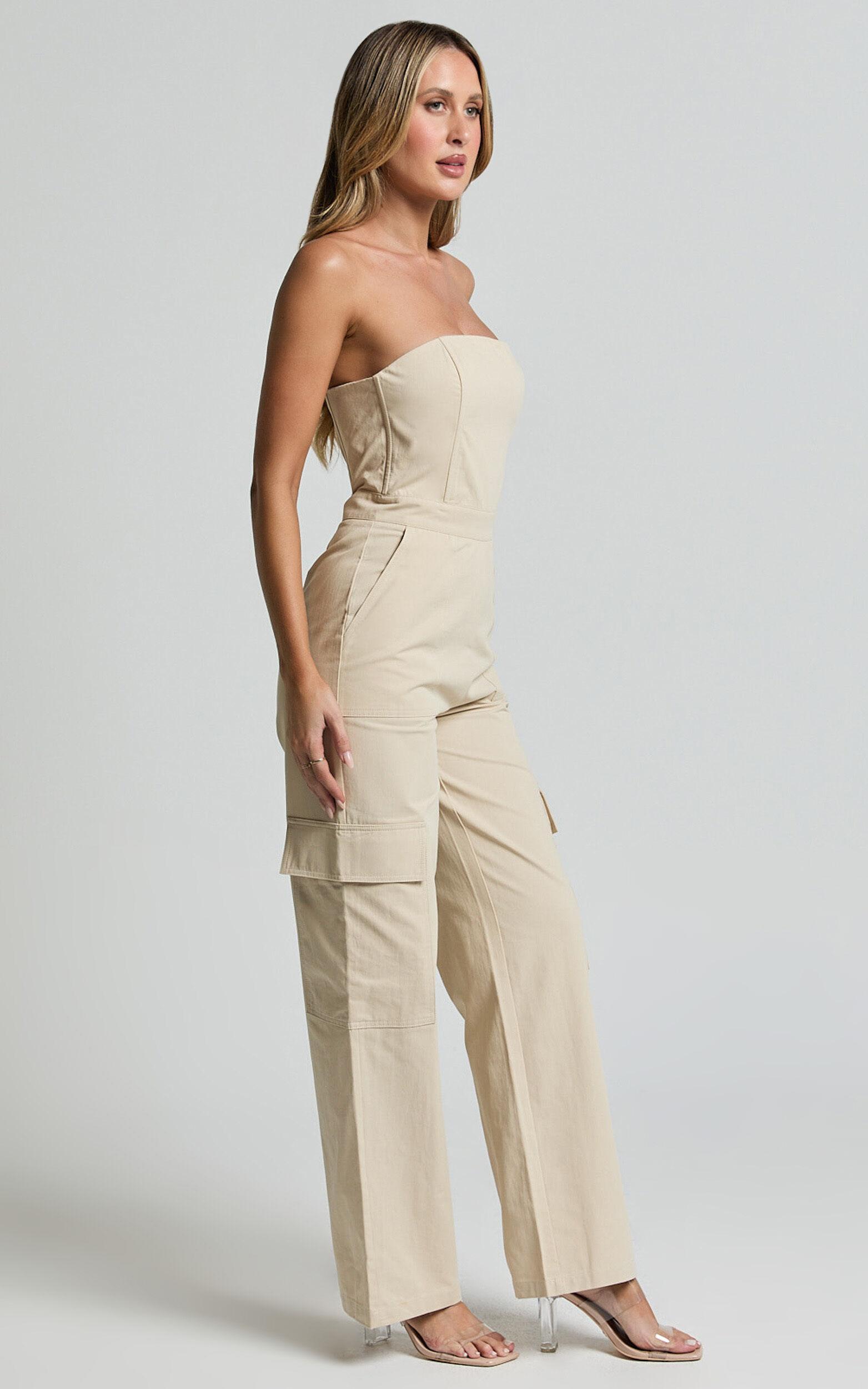 Nellia Jumpsuit - Strapless Straight Leg Cargo Jumpsuit in Stone Product Image