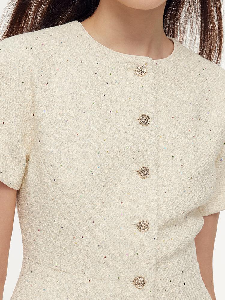 Tweed Sequins Short Sleeve Jacket And Mesh Skirt Two-Piece Set Product Image