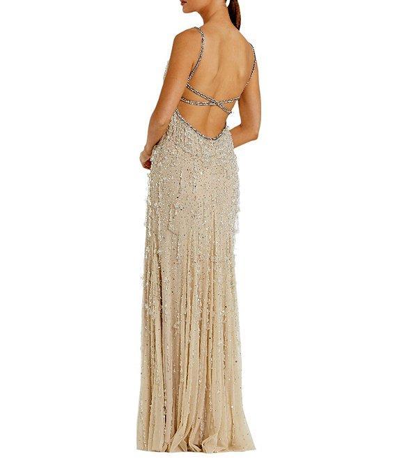 Mac Duggal Vneck Embellished Mesh Fringe Column Gown Product Image