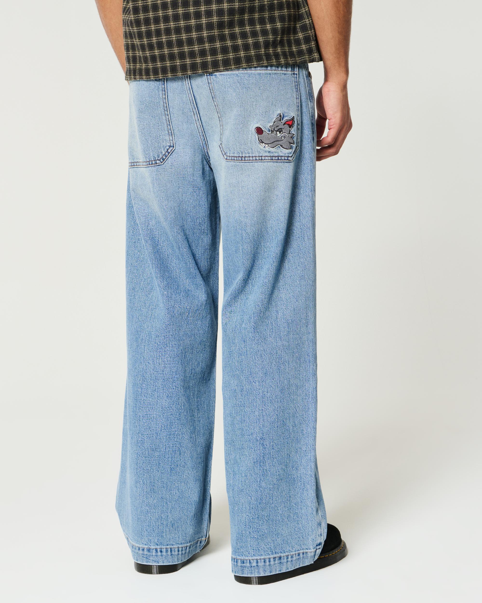 Medium Wash Wolf Graphic Super Baggy Jeans Product Image