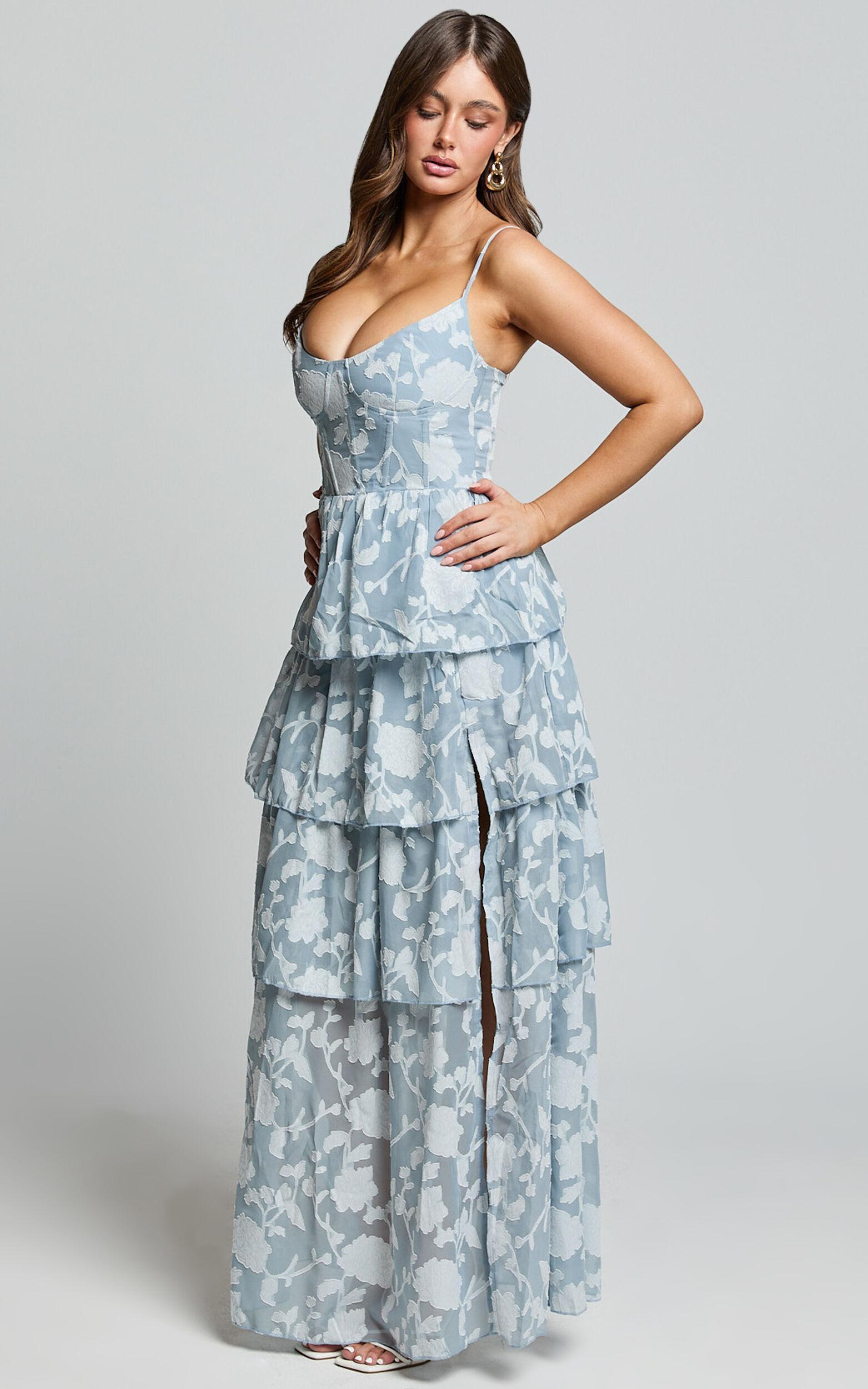 Janezkie Maxi Dress - Femme Tiered Jacquard Formal Dress in Light Blue Product Image