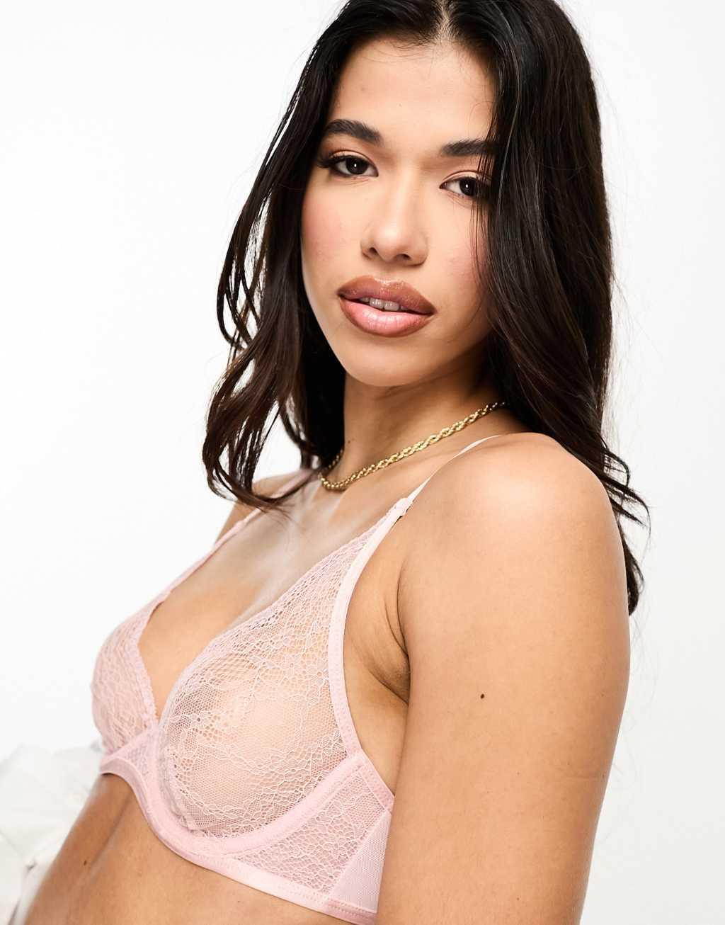 Hunkemoller Isabelle non-padded plunge bra in pink Product Image