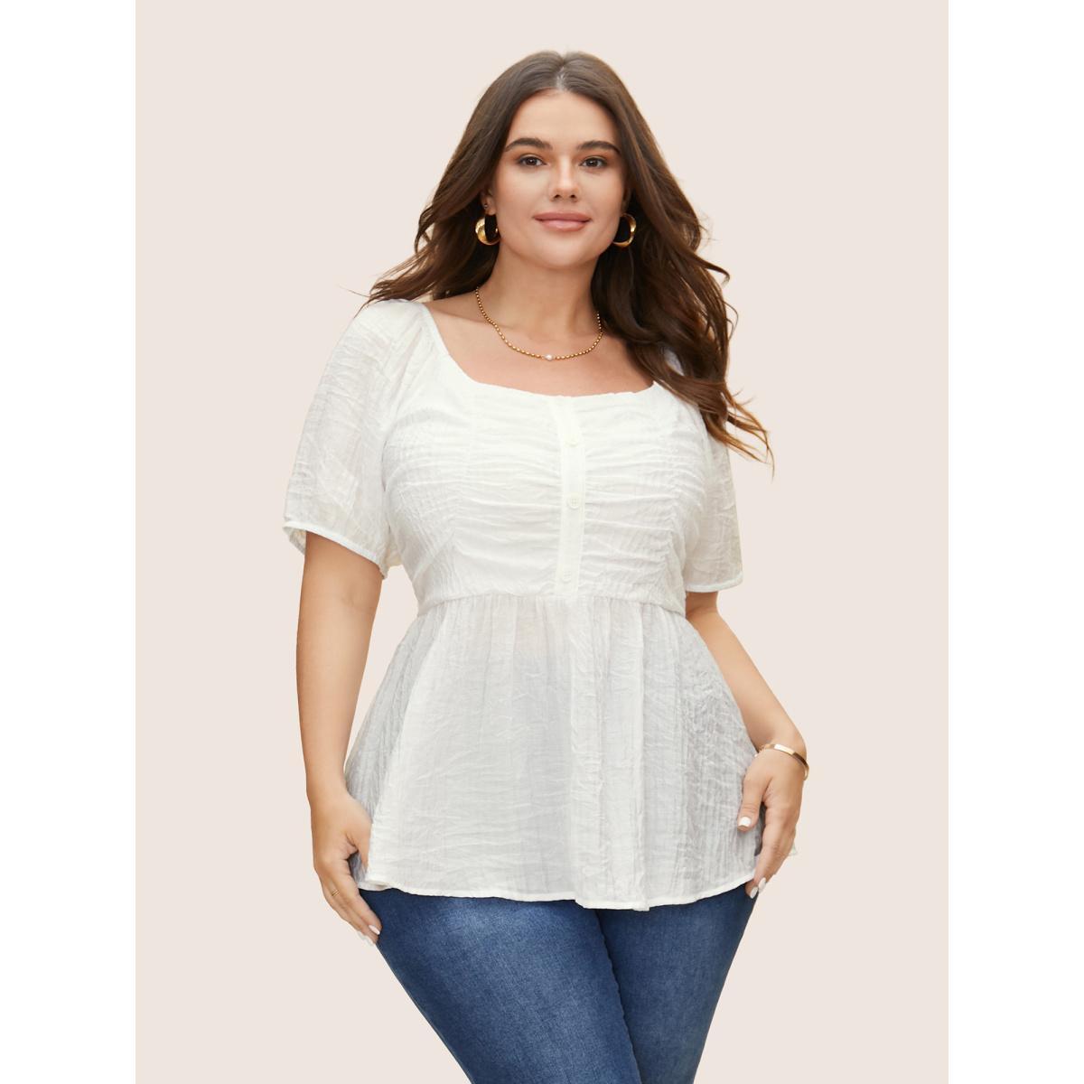 Plus Size Originalwhite Square Neck Shirred Button Detail Lantern Sleeve Blouse Women Elegant Short sleeve Square Neck Everyday Blouses BloomChic 12/L Product Image