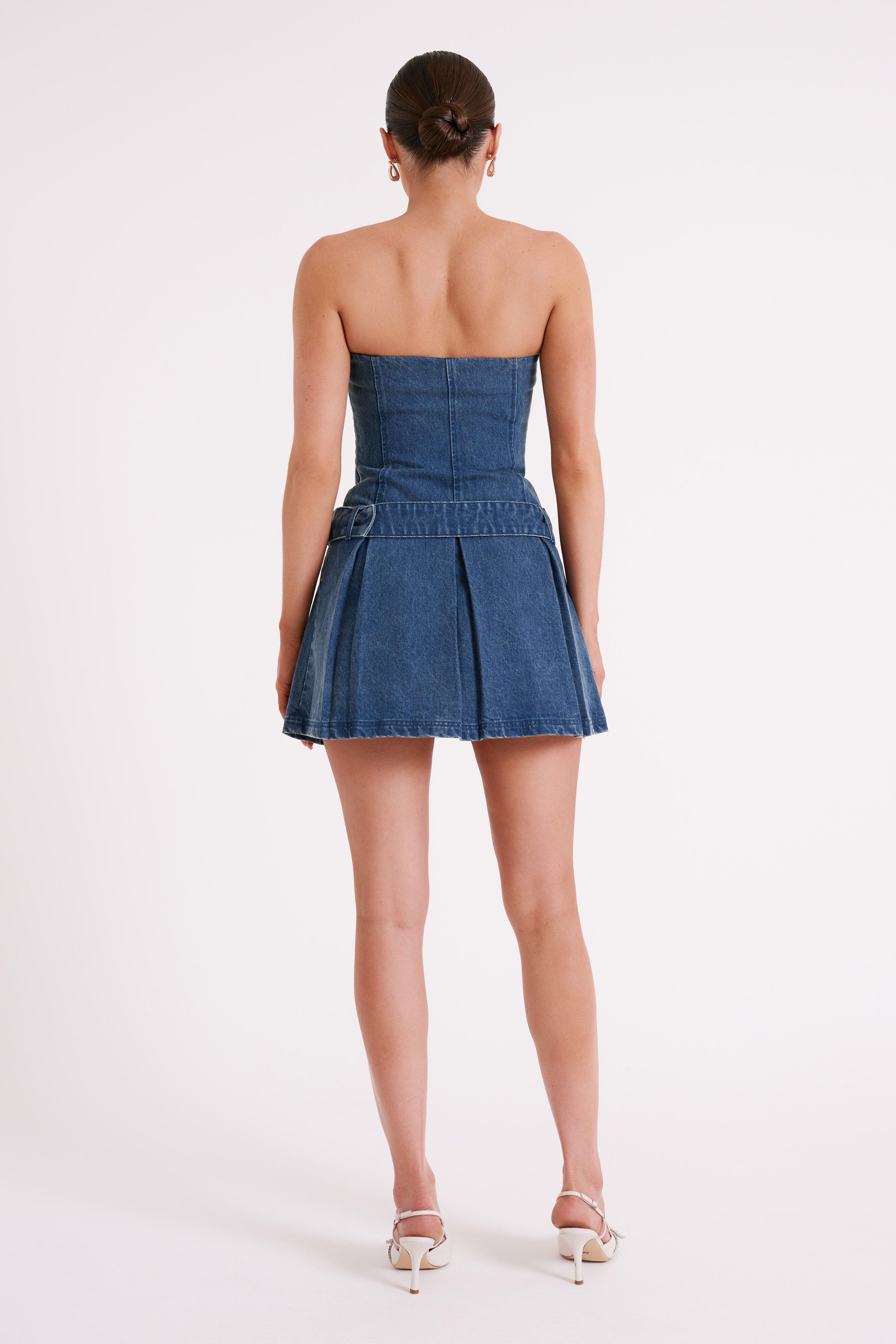 Lee Denim Pleated Mini Dress - Dark Blue Product Image