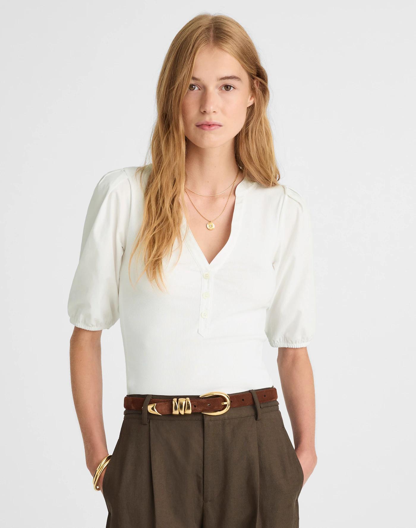 Puff-Sleeve Henley Knit Top Product Image