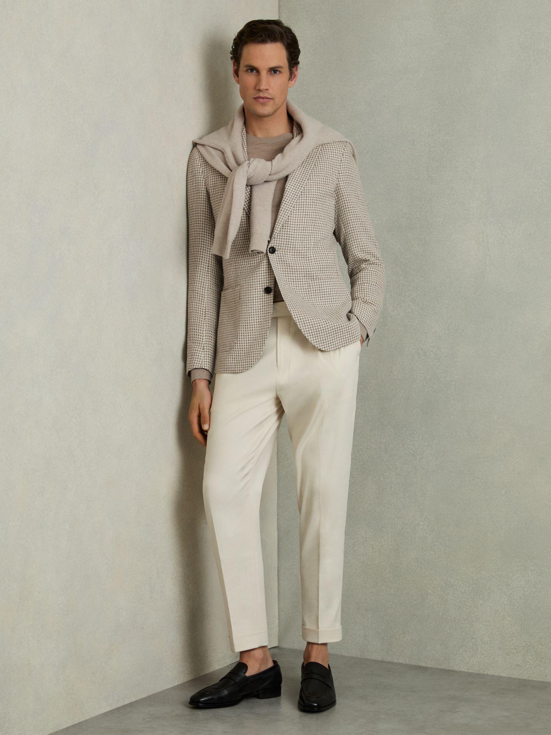 Slim Fit Linen Single Breasted Check Suit Blazer in Oatmeal Product Image