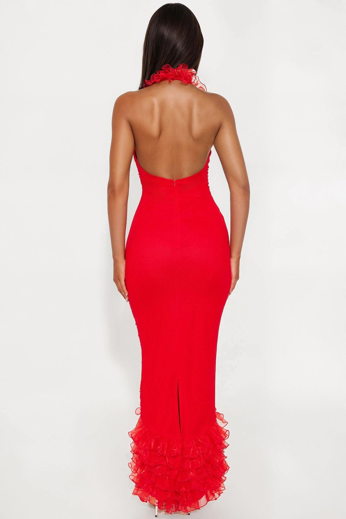 Misty Ruched Mesh Maxi Dress - Red Product Image