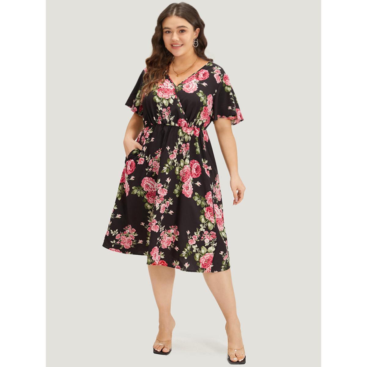 Plus Size Floral Print Ruffle Sleeve Pocket V Neck Wrap Dress BlackFlower Women Elegant Printed V-neck Short sleeve Curvy Midi Dress BloomChic 14-16/1X Product Image