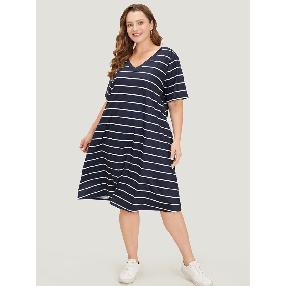 Plus Size Striped Print Pocket Flutter Crossover Back Dress DarkBlue Women Casual Cross straps V-neck Short sleeve Curvy Midi Dress BloomChic 10/M Product Image