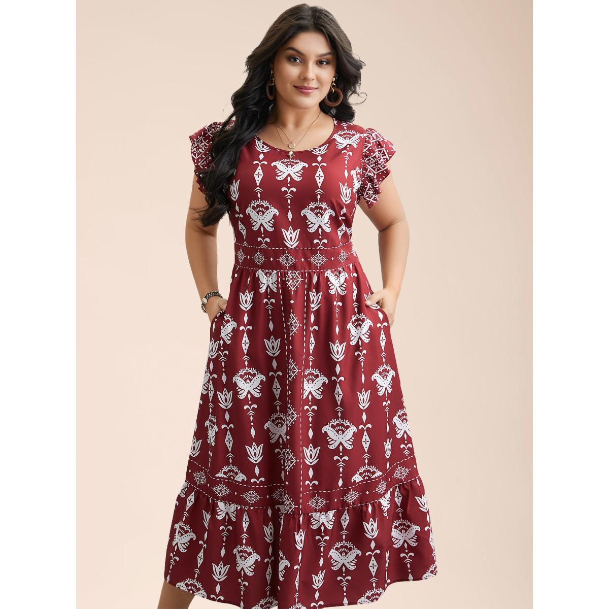 Plus Size Boho Print Stretchy-Waist Ruffled Midi Dress Russet Women Resort Shirred Round Neck Cap Sleeve Curvy BloomChic 26/4X Product Image