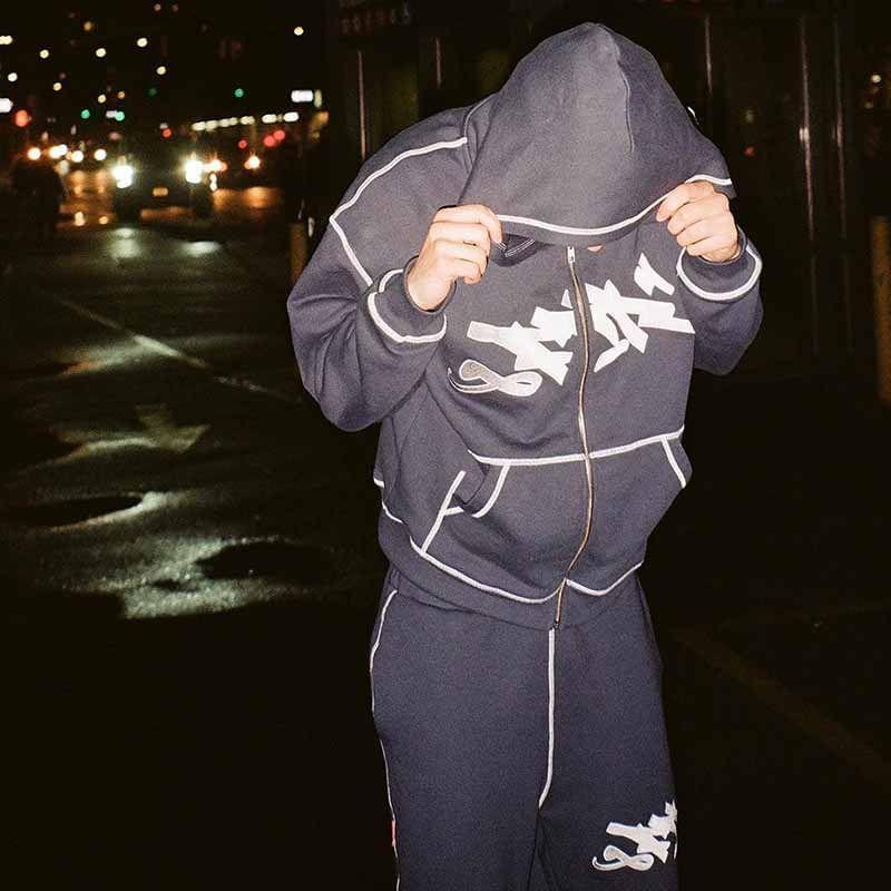 Print Contrast Stitched Zip-Up Hoodie / Elastic Waist Harem Sweatpants Product Image