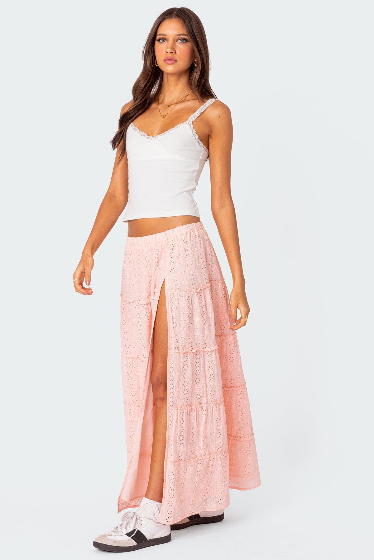 Tiered Eyelet Slitted Maxi Skirt Product Image