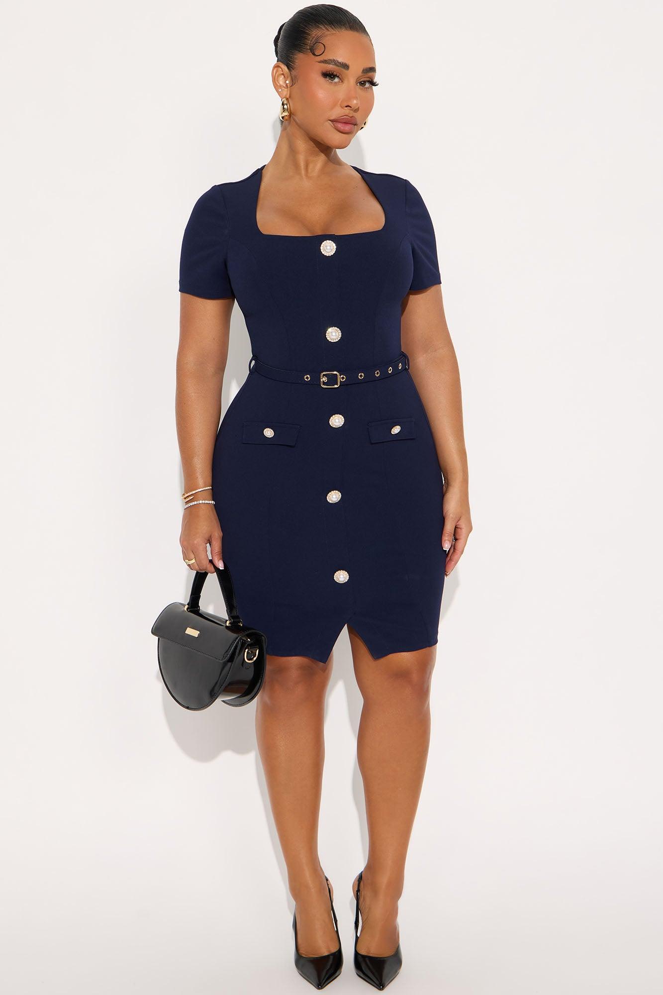 Maren Short Sleeve Belted Midi Dress - Navy Female Product Image